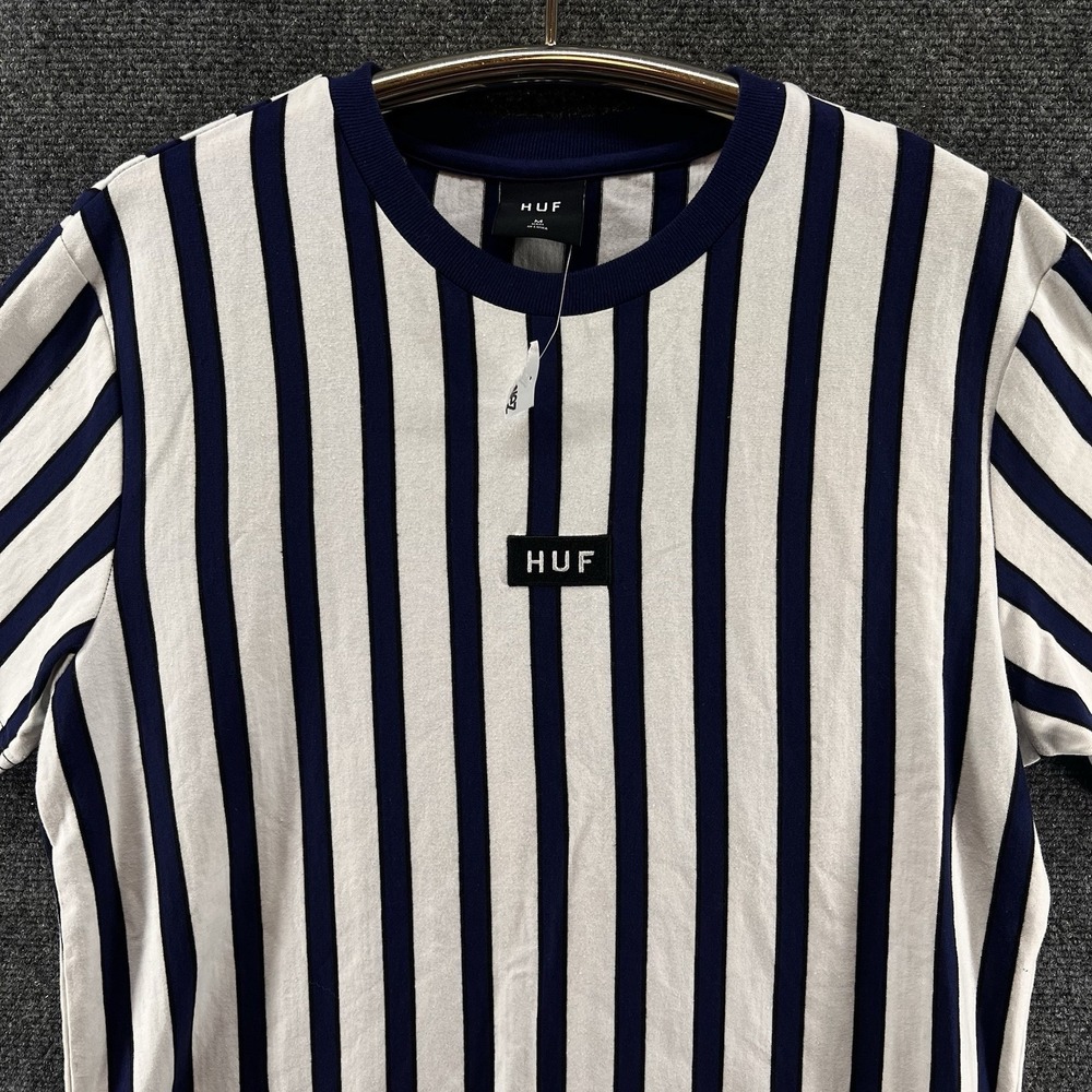 HUF Striped T-Shirt Mens Medium Short Sleeve Cotton Navy Blue/White Skater NWT